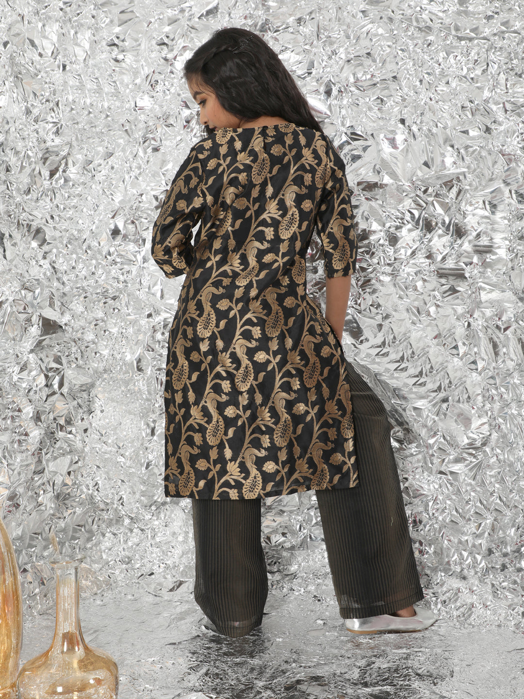 Black Brocade Designed Kurta Palazzo With Dupatta
