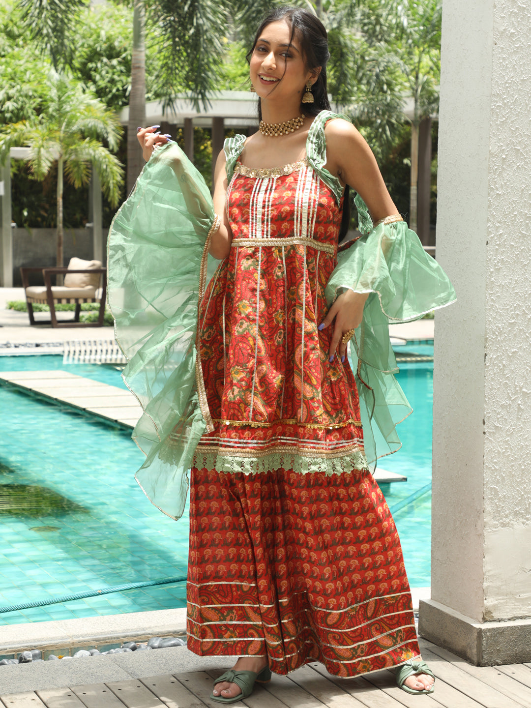 Red Floral Print Kurta Sharara With Dupatta - Elganza