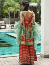 Red Floral Print Kurta Sharara With Dupatta - Elganza