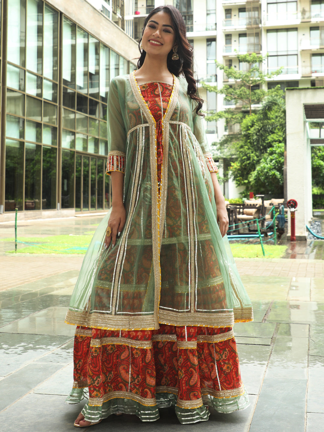 Red Floral Print Kurta Sharara With Jacket & Potali Bag - Elganza