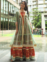 Red Floral Print Kurta Sharara With Jacket & Potali Bag - Elganza