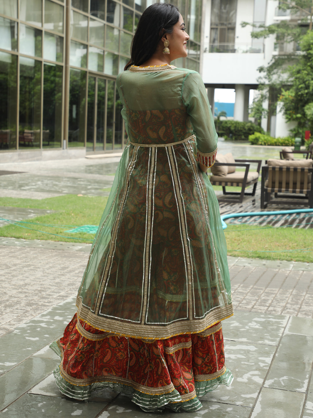 Red Floral Print Kurta Sharara With Jacket & Potali Bag - Elganza