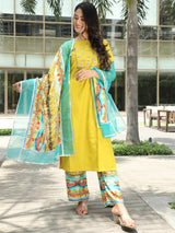 Yellow Embroidered Kurta Palazzo With Dupatta - Elganza
