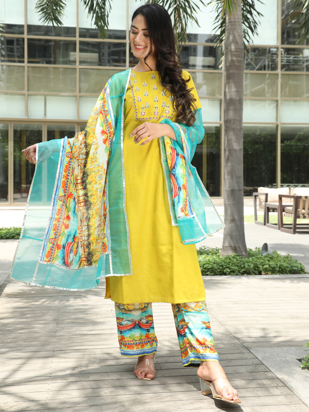 Yellow Embroidered Kurta Palazzo With Dupatta - Elganza