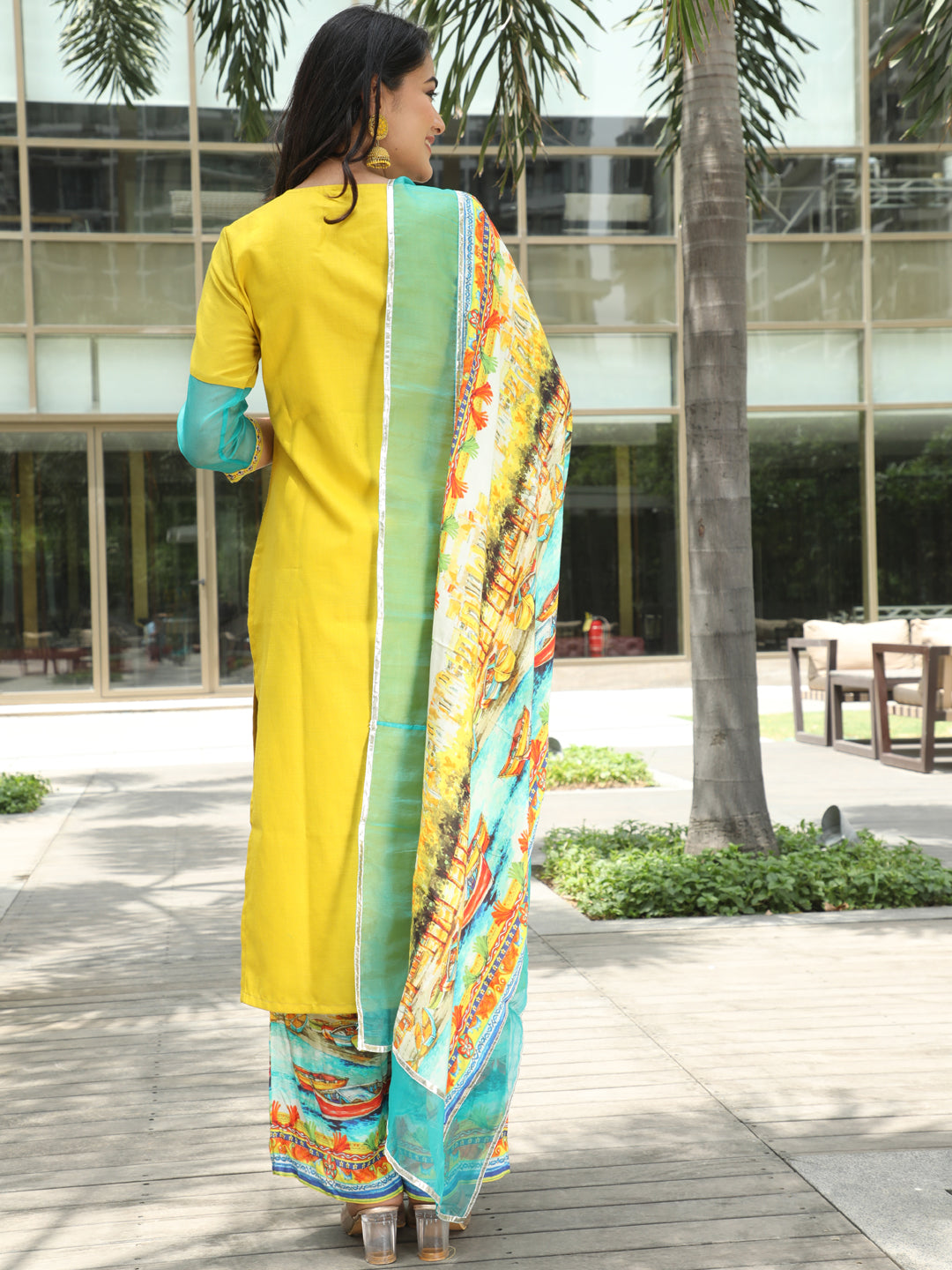 Yellow Embroidered Kurta Palazzo With Dupatta - Elganza
