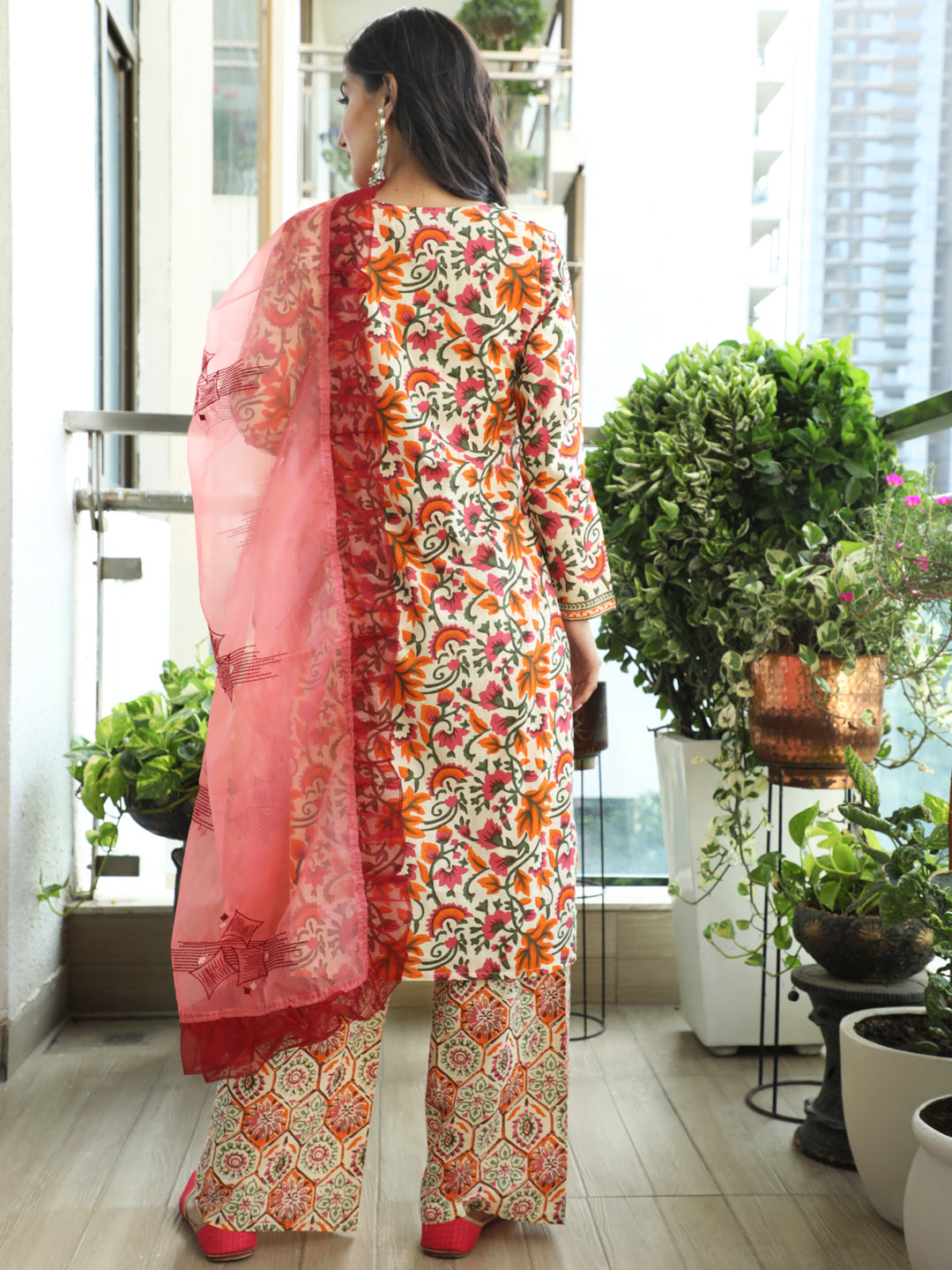 Beige Floral Print Straight Kurta Palazzo With Dupatta - Elganza