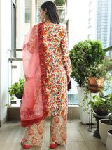 Beige Floral Print Straight Kurta Palazzo With Dupatta - Elganza