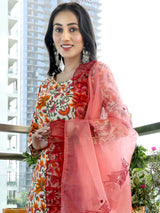Beige Floral Print Straight Kurta Palazzo With Dupatta - Elganza