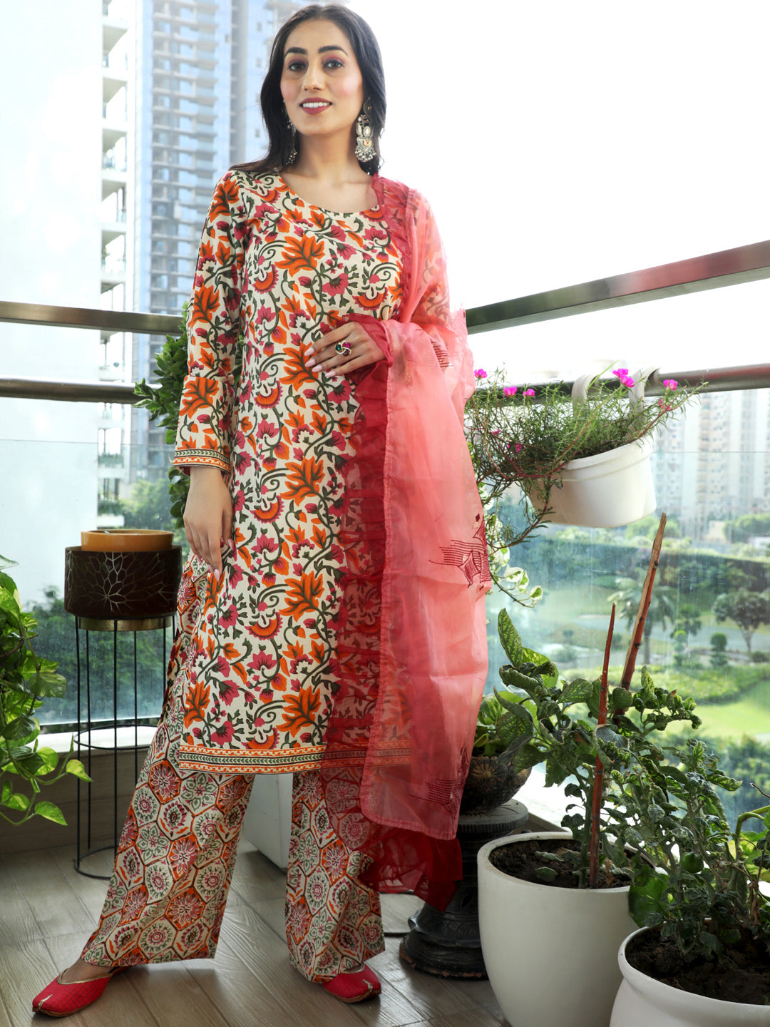 Beige Floral Print Straight Kurta Palazzo With Dupatta - Elganza