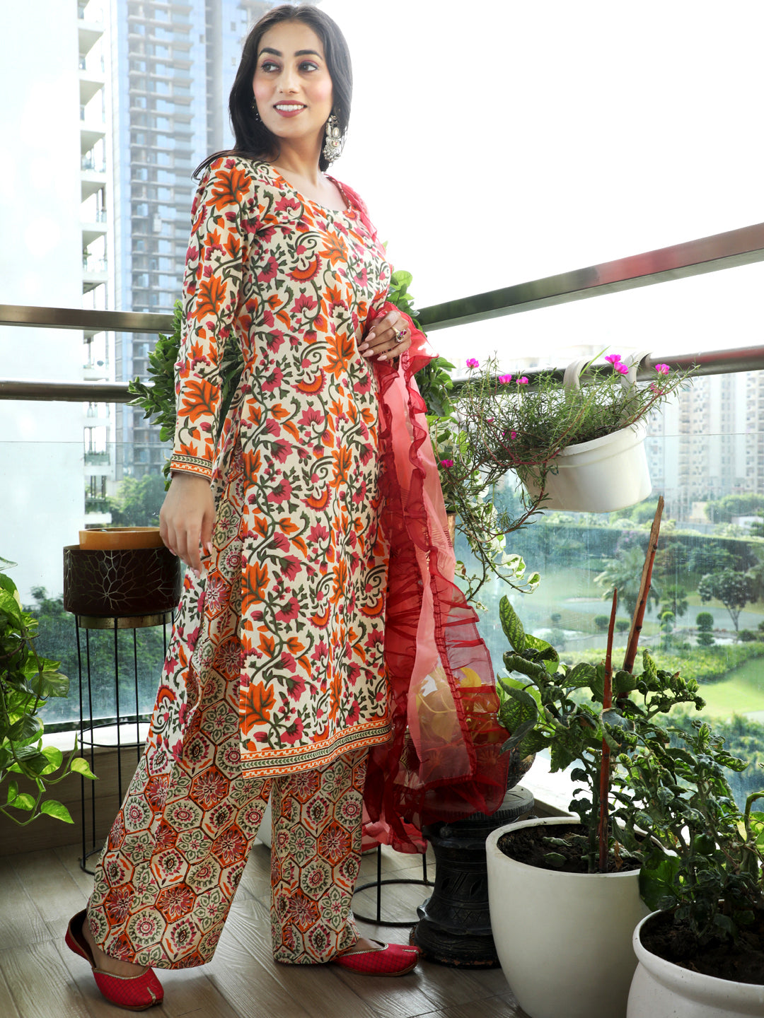 Beige Floral Print Straight Kurta Palazzo With Dupatta - Elganza