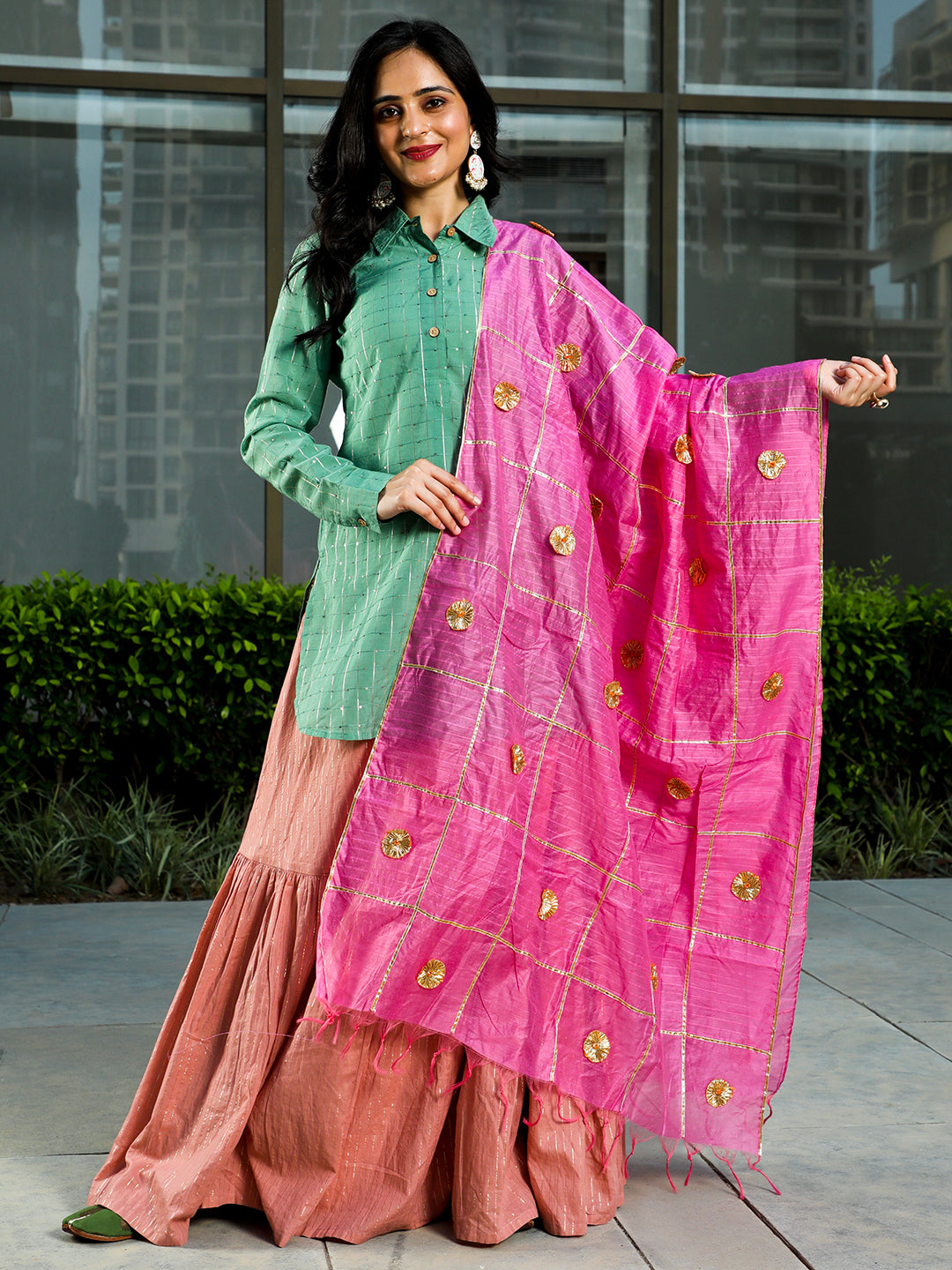 Green & Pink Sequin Lehenga Choli With Dupatta - Elganza