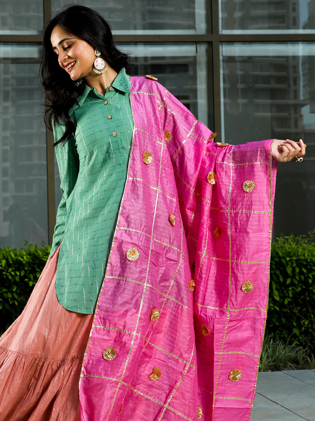 Green & Pink Sequin Lehenga Choli With Dupatta - Elganza