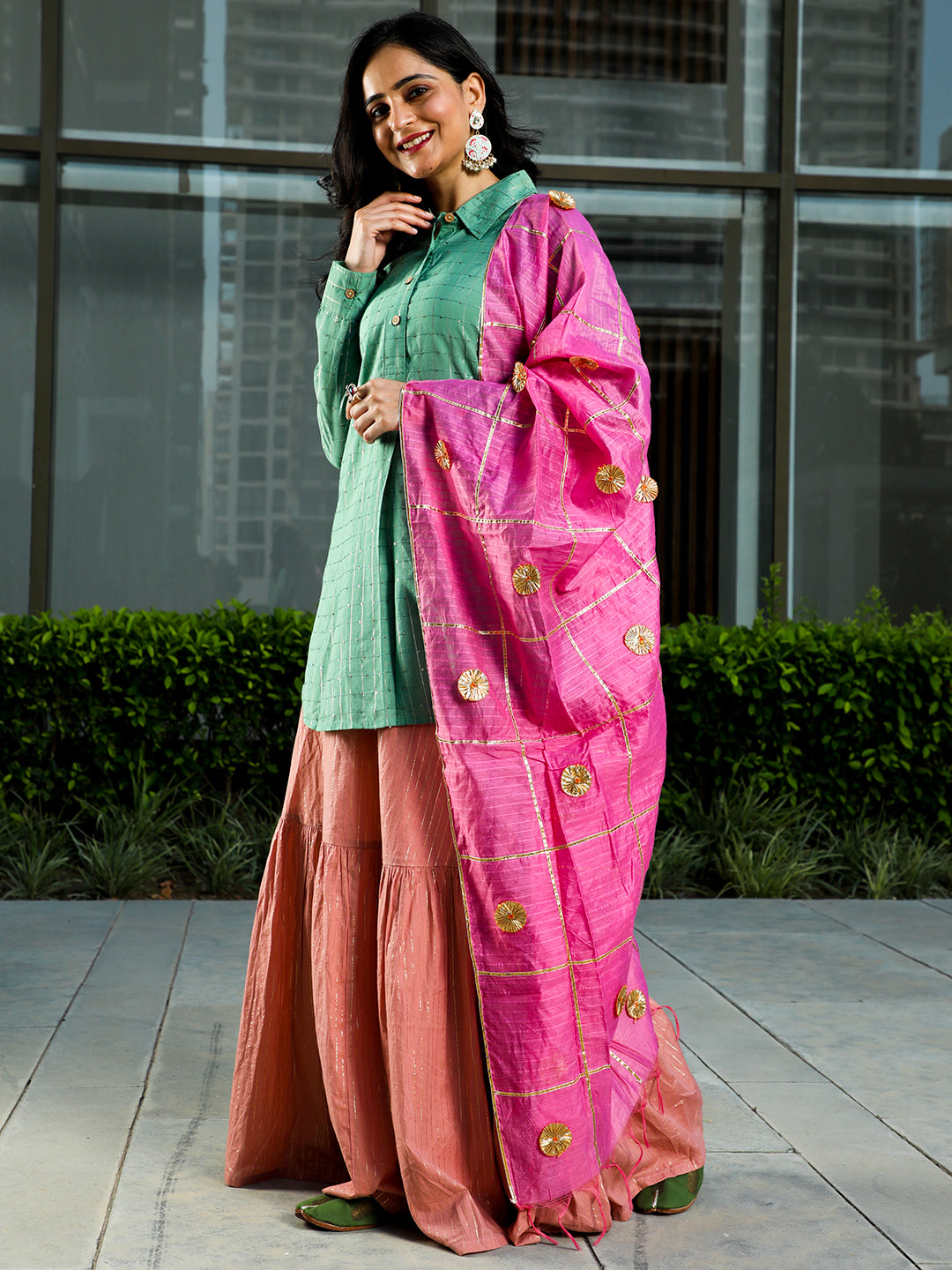Green & Pink Sequin Lehenga Choli With Dupatta - Elganza