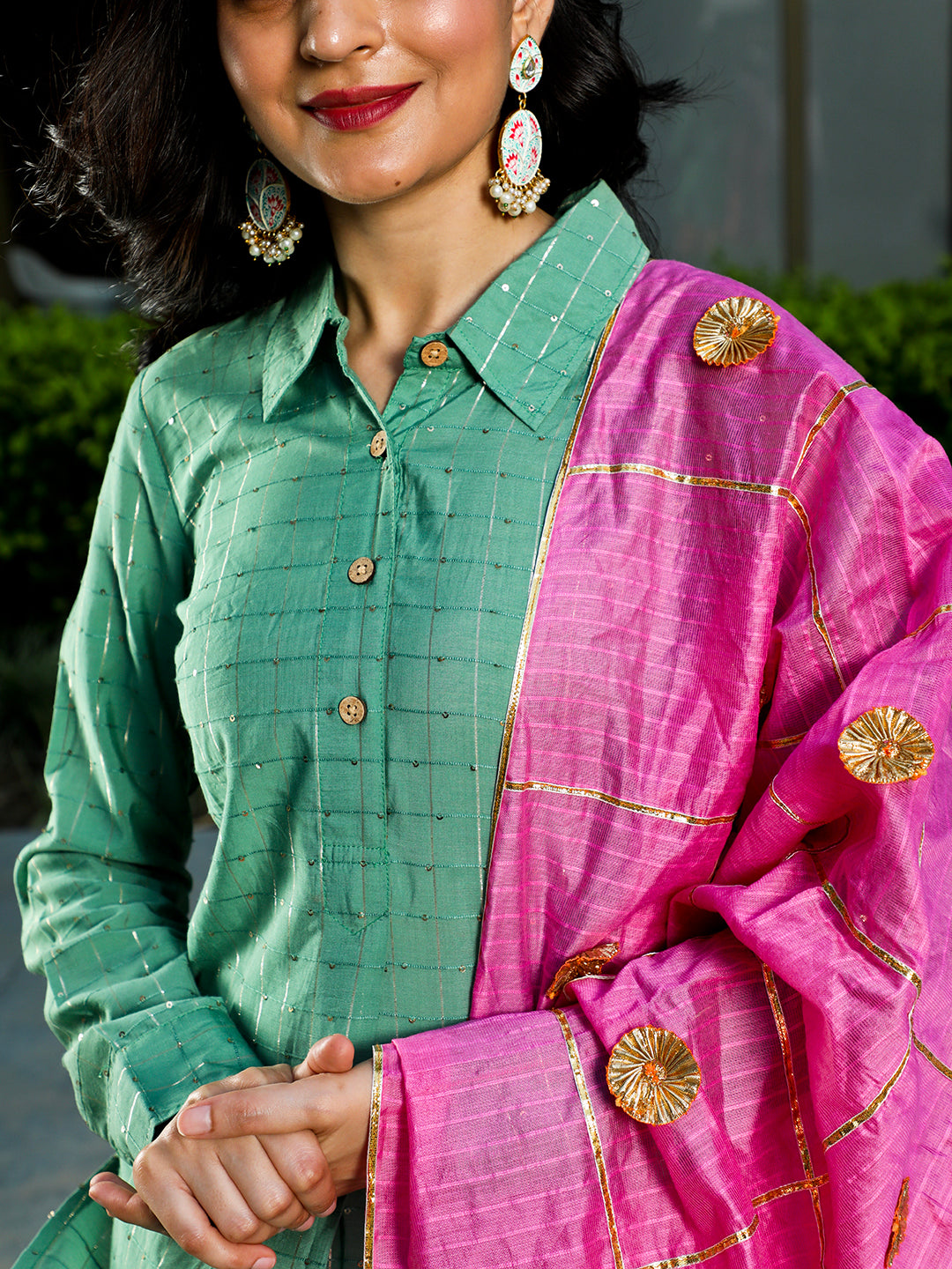 Green & Pink Sequin Lehenga Choli With Dupatta - Elganza