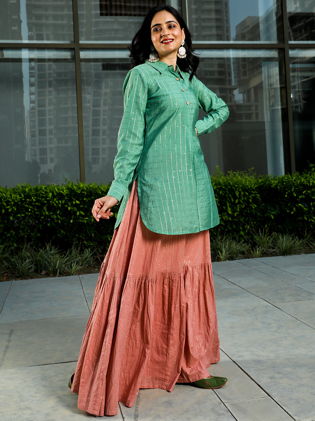 Green & Pink Sequin Lehenga Choli With Dupatta - Elganza