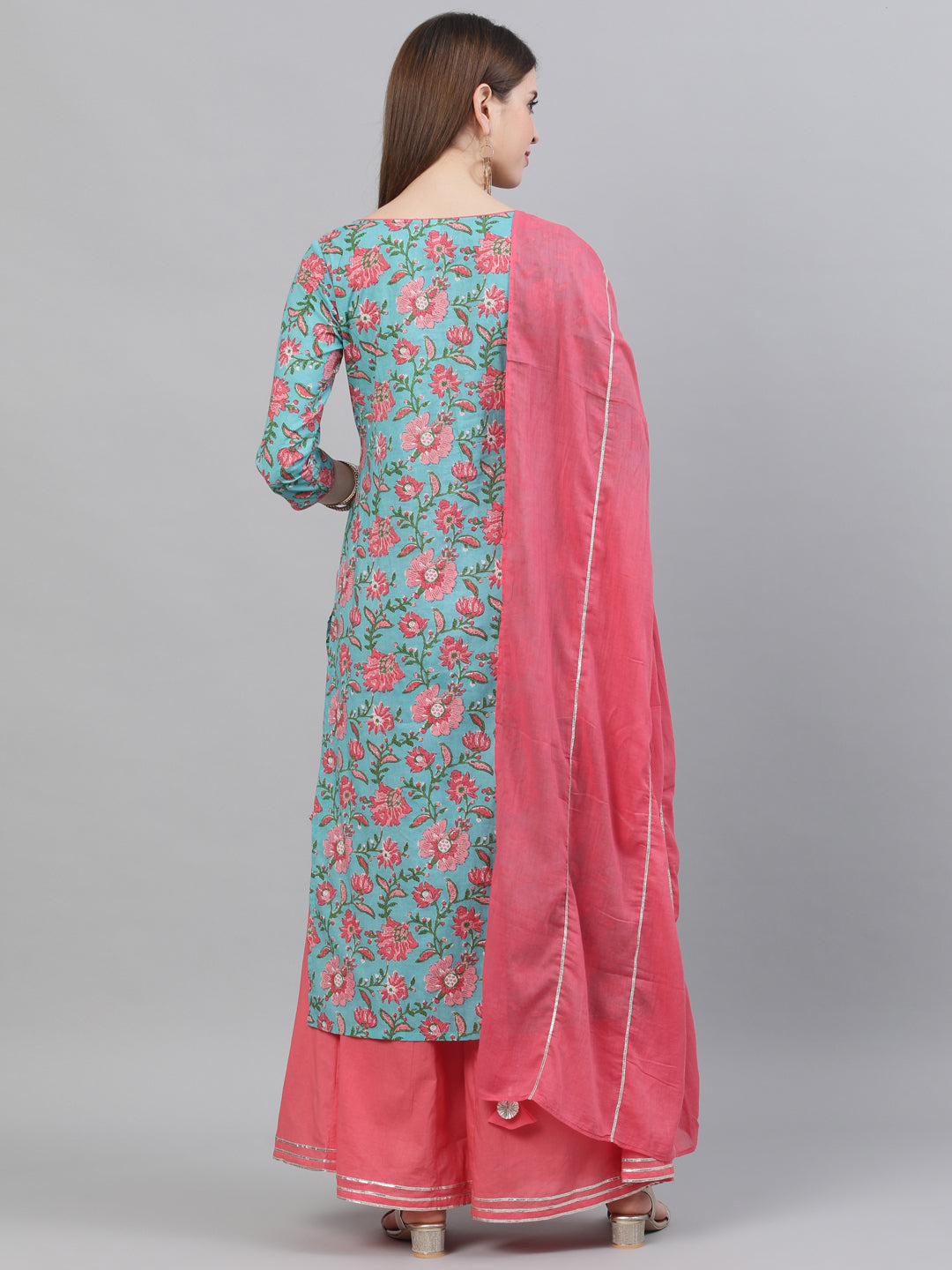Blue Floral Print Straight Kurta With Palazzo - Elganza