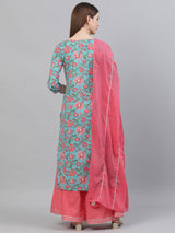 Blue Floral Print Straight Kurta With Palazzo - Elganza