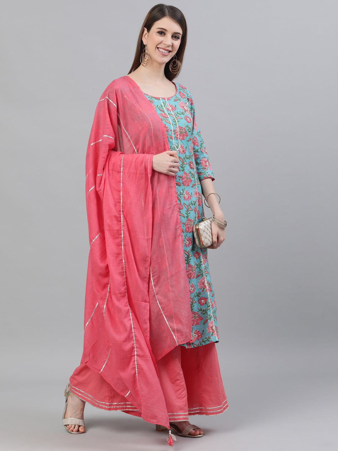 Blue Floral Print Straight Kurta With Palazzo - Elganza