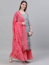 Blue Floral Print Straight Kurta With Palazzo - Elganza
