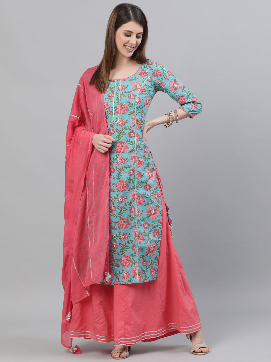 Blue Floral Print Straight Kurta With Palazzo - Elganza