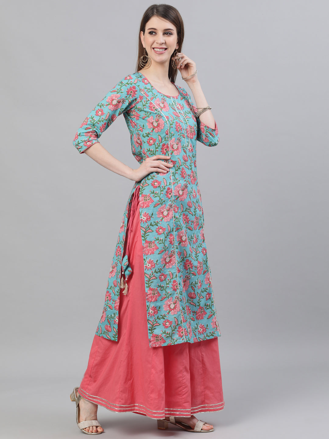Blue Floral Print Straight Kurta With Palazzo - Elganza