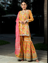 Yellow Floral Print Kurta Sharara With Dupatta