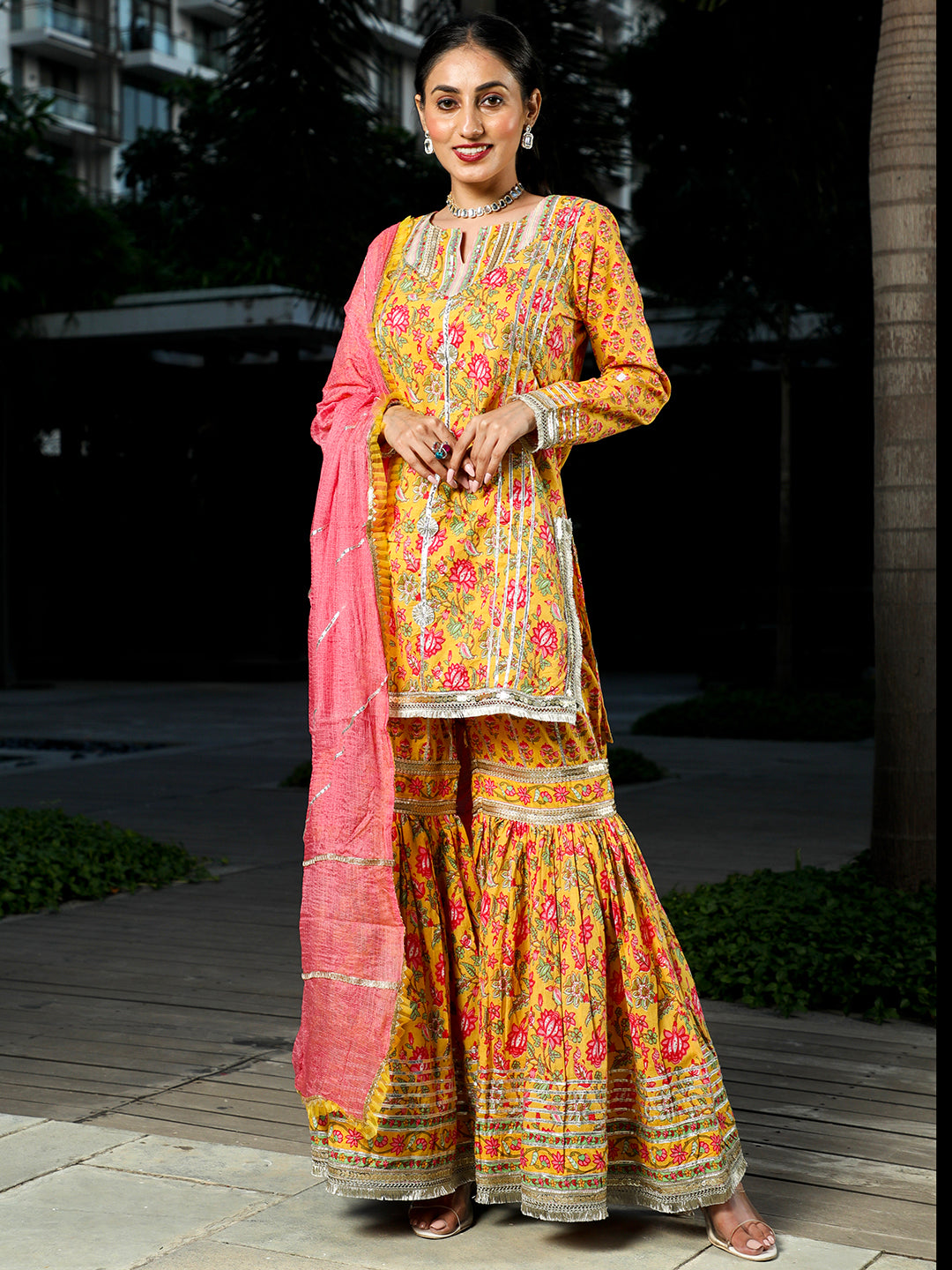 Yellow Floral Print Kurta Sharara With Dupatta