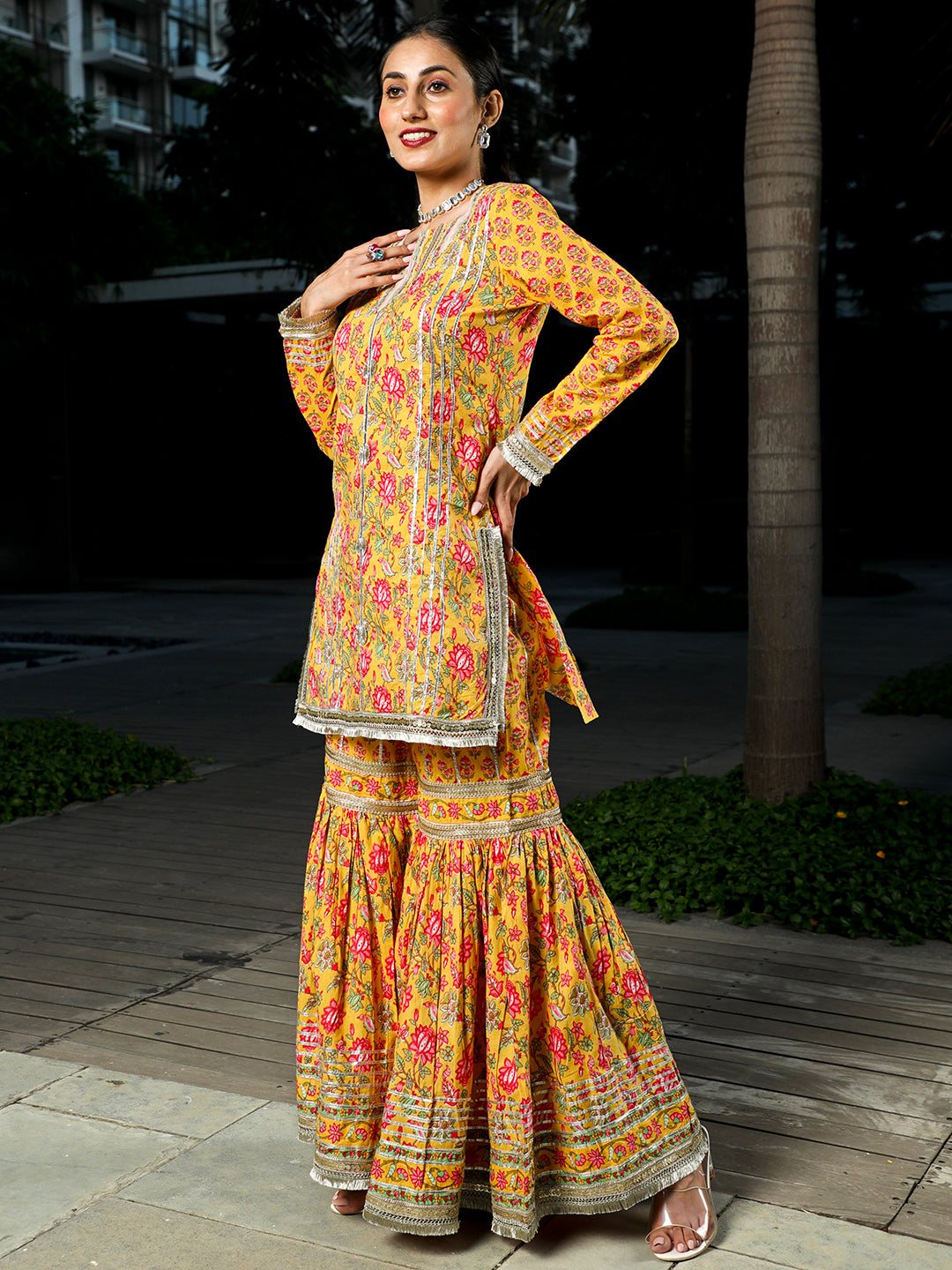 Yellow Floral Print Kurta Sharara With Dupatta