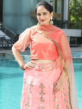 Peach Gold Zari Work Lehenga Choli With Dupatta - Elganza