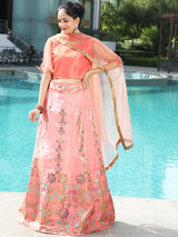 Peach Gold Zari Work Lehenga Choli With Dupatta - Elganza