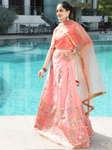 Peach Gold Zari Work Lehenga Choli With Dupatta - Elganza