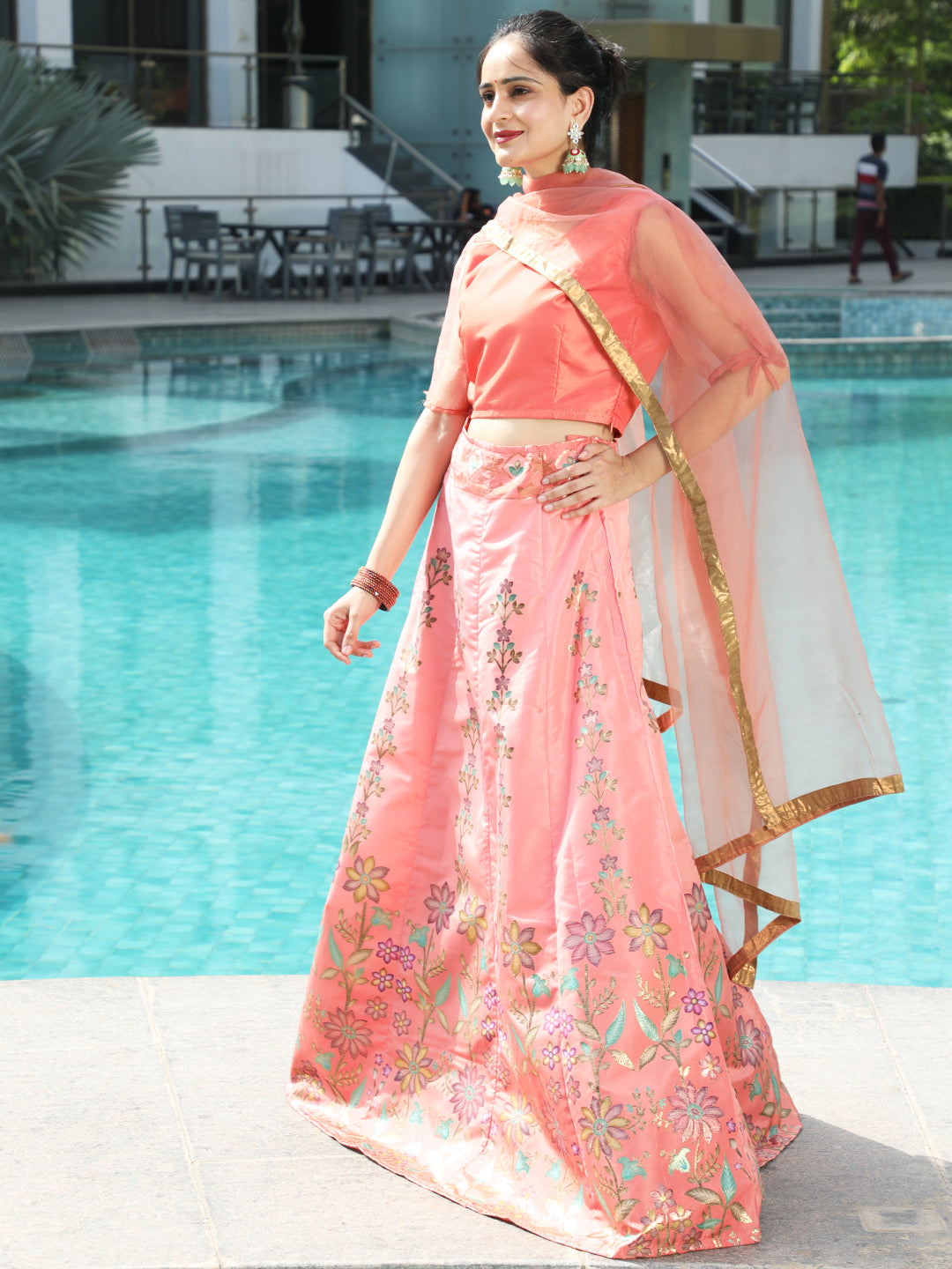 Peach Gold Zari Work Lehenga Choli With Dupatta - Elganza