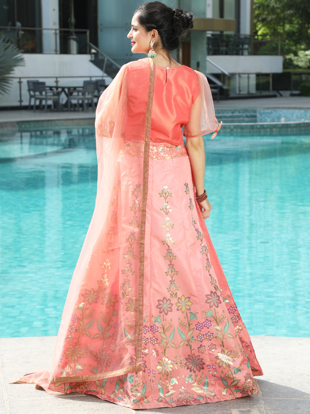 Peach Gold Zari Work Lehenga Choli With Dupatta - Elganza