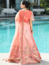 Peach Gold Zari Work Lehenga Choli With Dupatta - Elganza