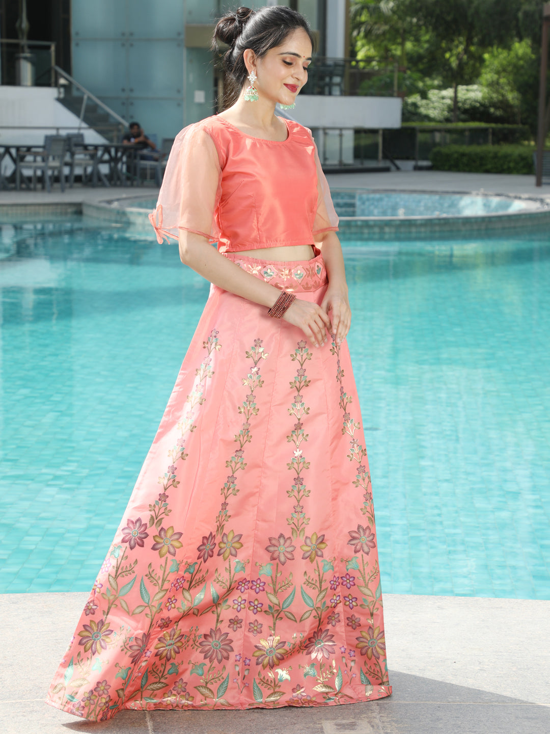 Peach Gold Zari Work Lehenga Choli With Dupatta - Elganza