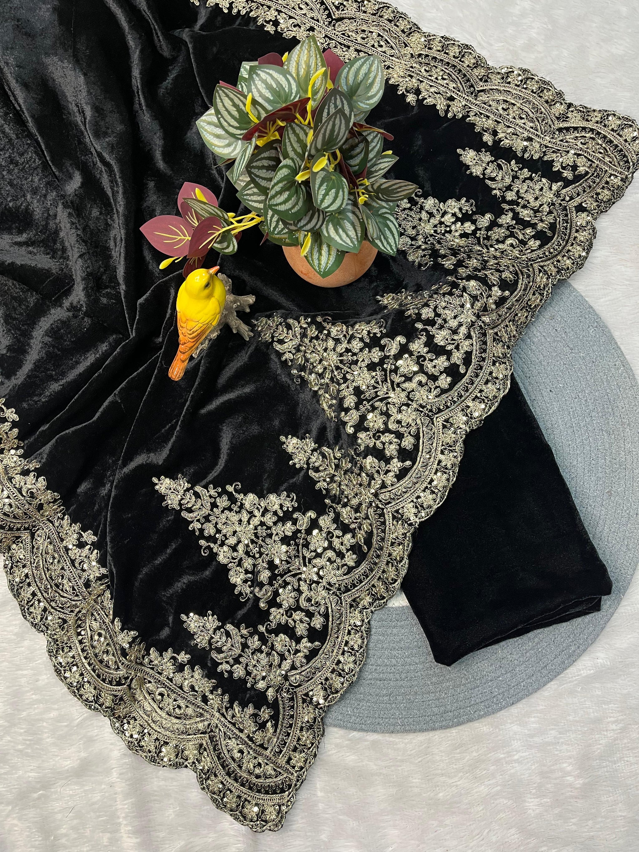 Viscose Velvet Winter Designer Saree with Embroidery & Sequins Work