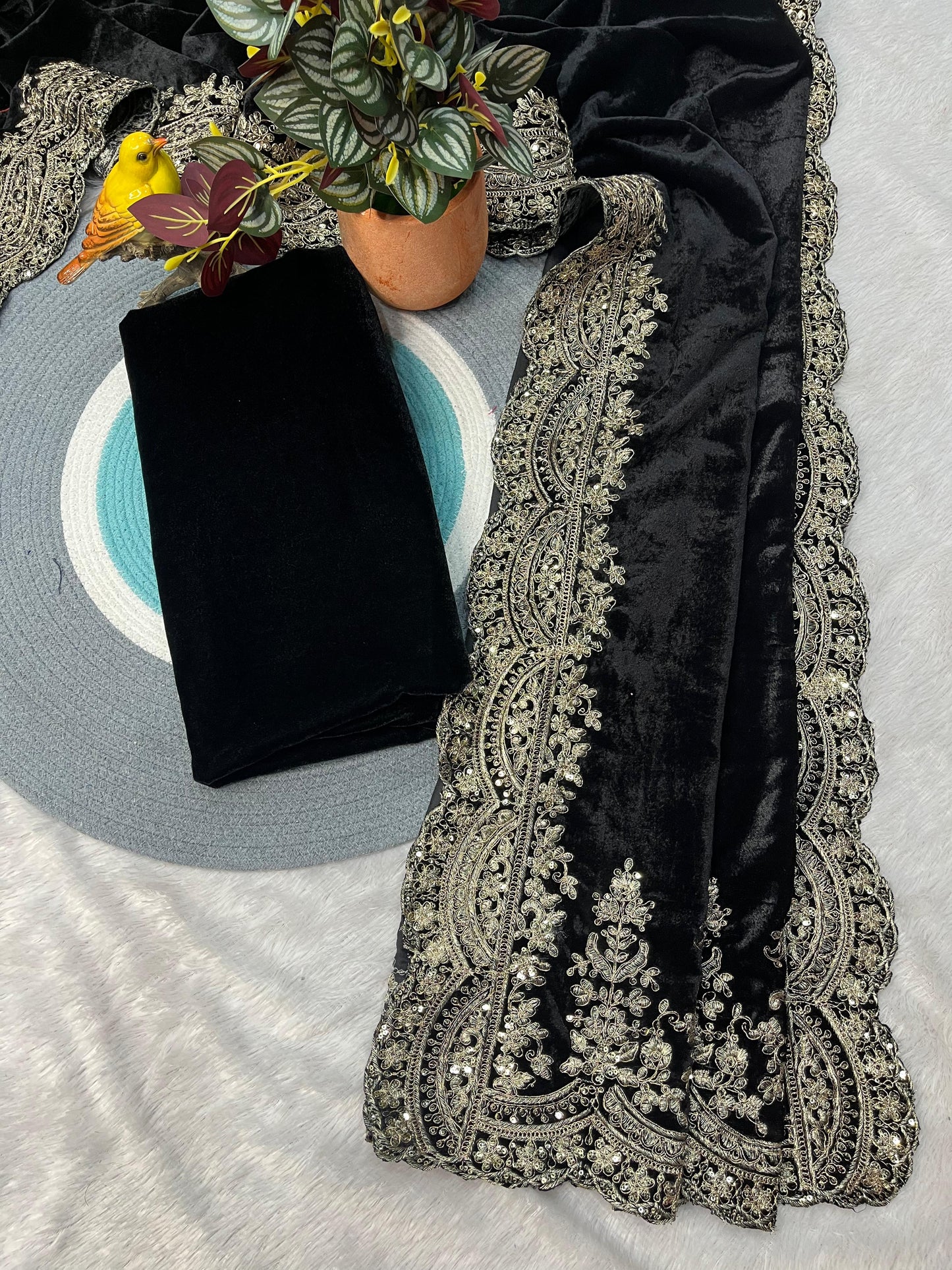 Viscose Velvet Winter Designer Saree with Embroidery &amp; Sequins Work