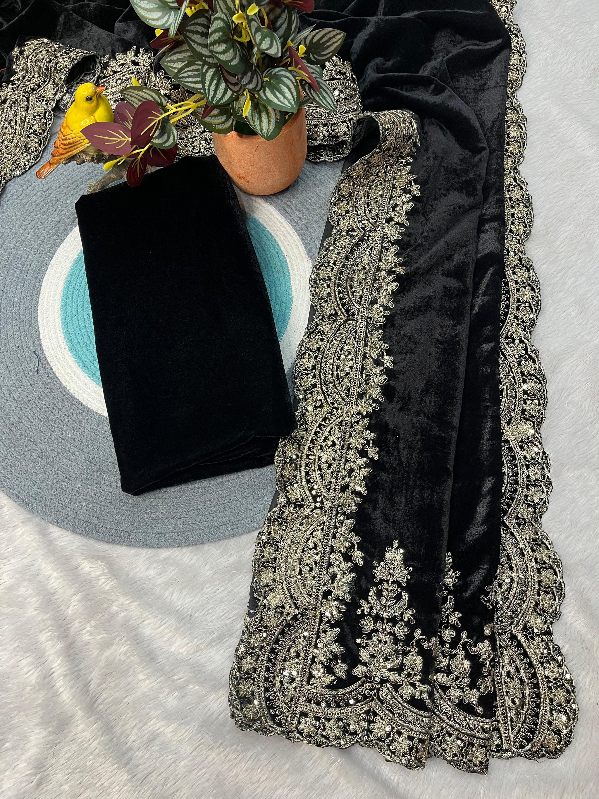 Viscose Velvet Winter Designer Saree with Embroidery & Sequins Work