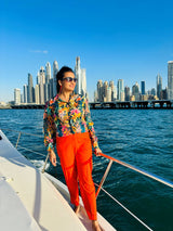 Navy Blue Floral Viscose Shirt with tie-Up - Elganza