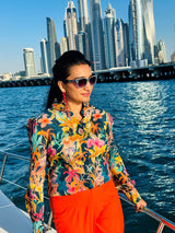 Navy Blue Floral Viscose Shirt with tie-Up - Elganza