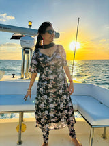 Black Floral Print Twisted Neck Kurta Churidar With Dupatta - Elganza