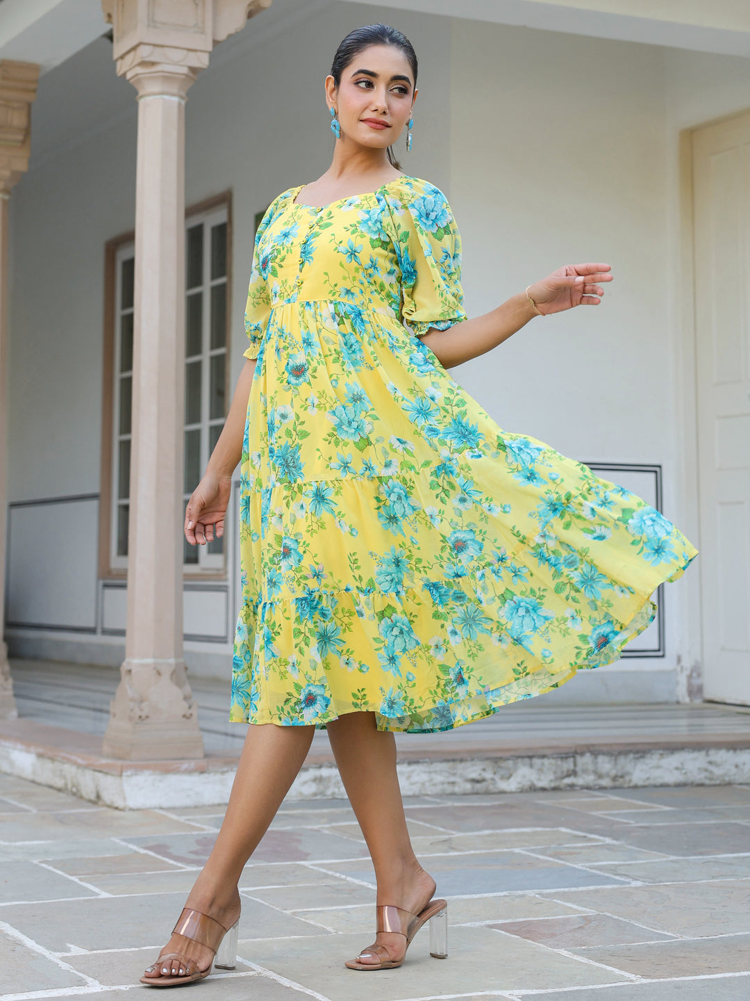 Yellow Georgette Floral Print Flared Western Dress