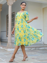 Yellow Georgette Floral Print Flared Western Dress