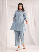Light Blue Cotton Jacquard Self-Design Shirt Co-ord Set for Women