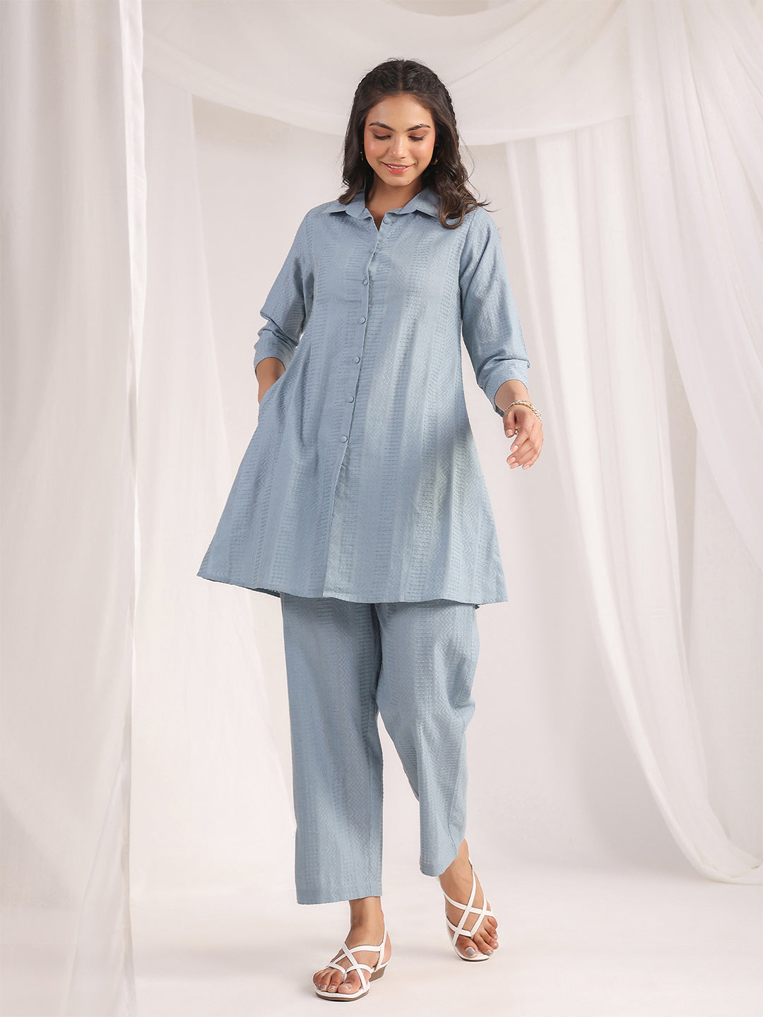 Light Blue Cotton Jacquard Self-Design Shirt Co-ord Set for Women