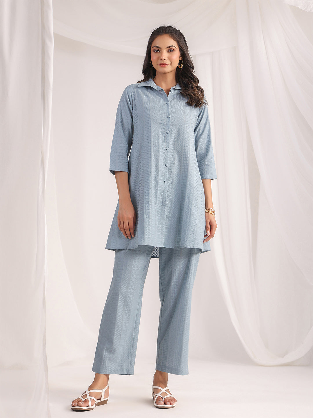 Light Blue Cotton Jacquard Self-Design Shirt Co-ord Set for Women