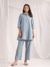 Light Blue Cotton Jacquard Self-Design Shirt Co-ord Set for Women