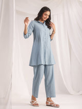 Light Blue Cotton Jacquard Self-Design Shirt Co-ord Set for Women