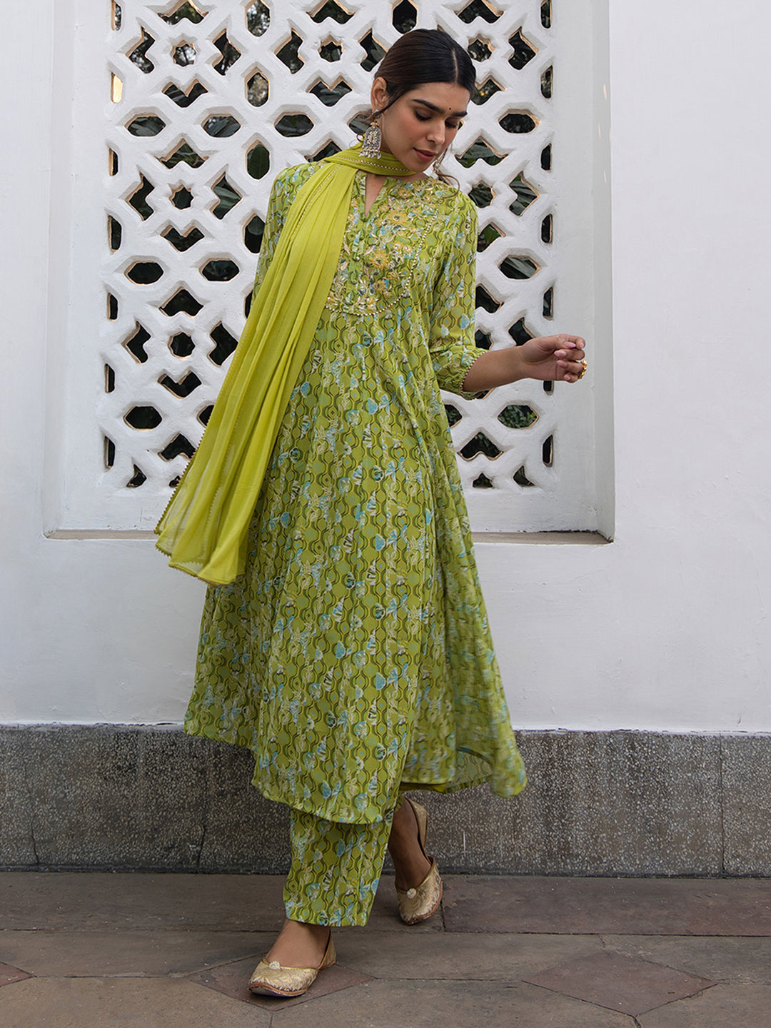 Lime Georgette Yoke Embroidery Anarkali Kurta Set