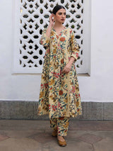Beige Cotton Floral Kurta Pant Set